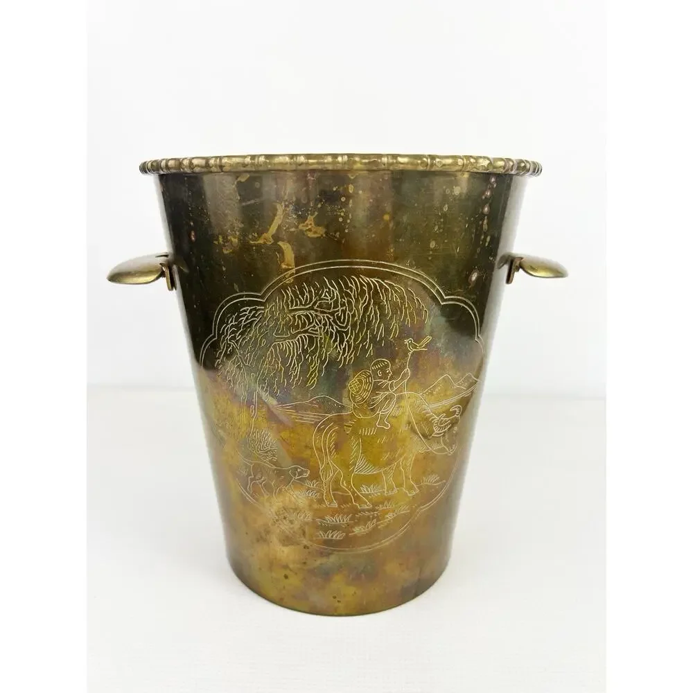 Vintage Brass Ice Bucket Wine Cooler Engraved Etched Planter Asian Scenic Handle